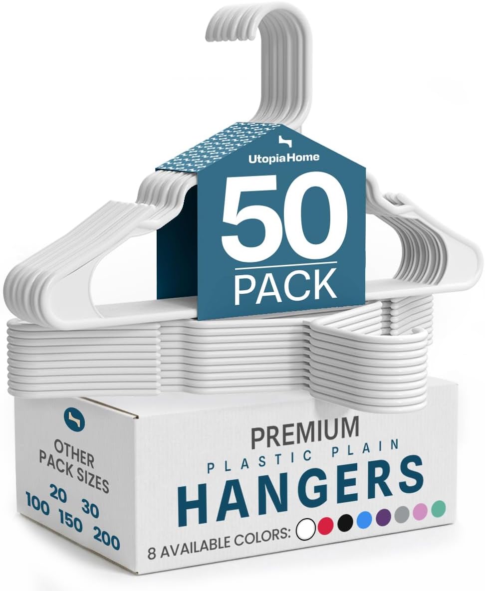Utopia Home Plastic Hangers 50 Pack – Space Saving Clothes Hanger White | Durable & strong | Closet organizer & storage | Ideal for apartments. dorms & stocking stuffers